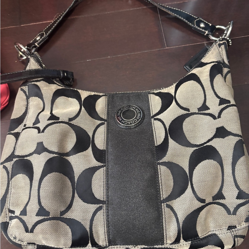Coach Black and Grey Signature Shoulder Bag